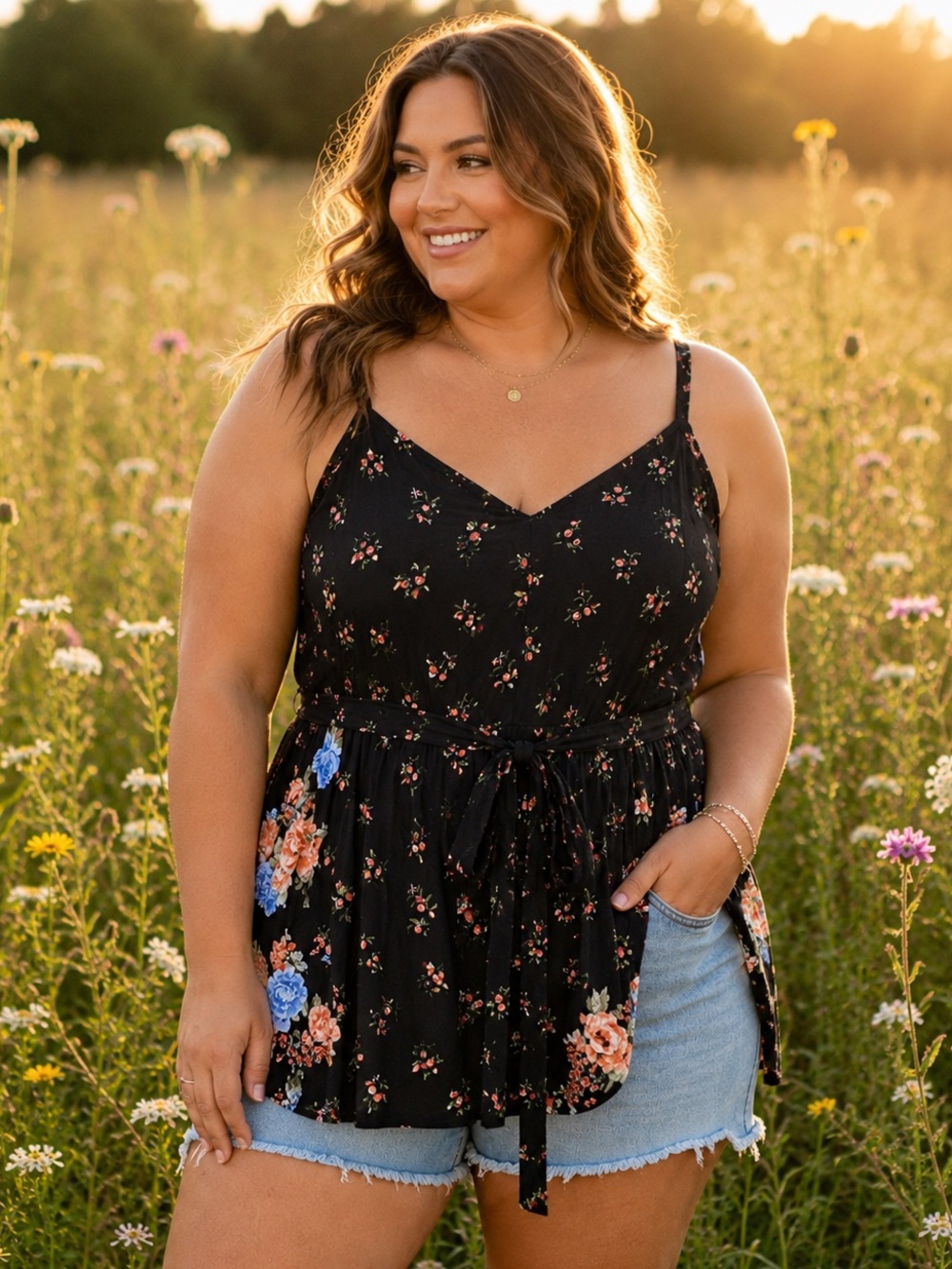 EUC Torrid Black Floral Boho Tie Waist Smocked Back Cami Tank Top Plus Size 1X